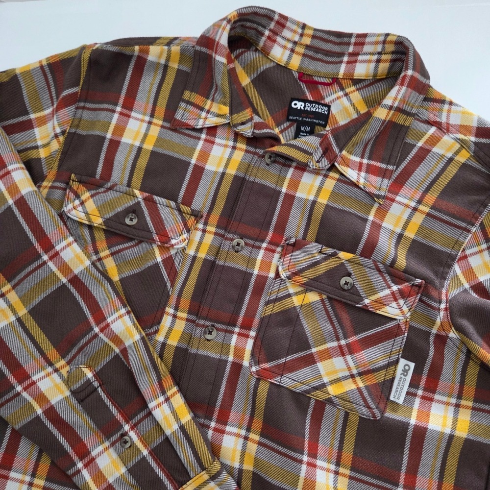 Outdoor Research Flannel Shirt Brown Plaid Long Sleeve Mens Medium M
